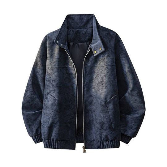 Herren Oversize-Boxy-Jacke in Veloursleder-Optik mit hohem Stehkragen, Zwei-Wege-Reißverschluss & Tunnelzugsaum Nord Taschen