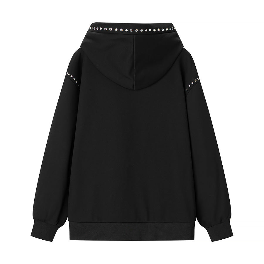 Damen Oversize-Kapuzenpullover mit Nietenbesatz und geripptem Saum Nord Taschen