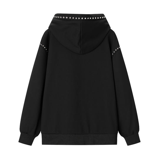 Damen Oversize-Kapuzenpullover mit Nietenbesatz und geripptem Saum Nord Taschen