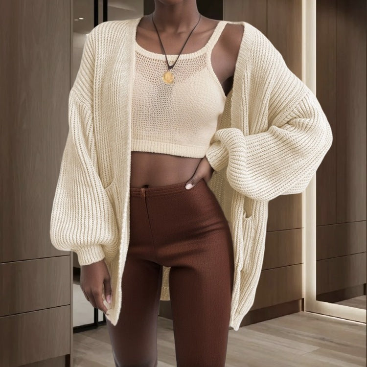 Damen Großer Strickjacke mit voluminösen Ärmeln und praktischen Taschen