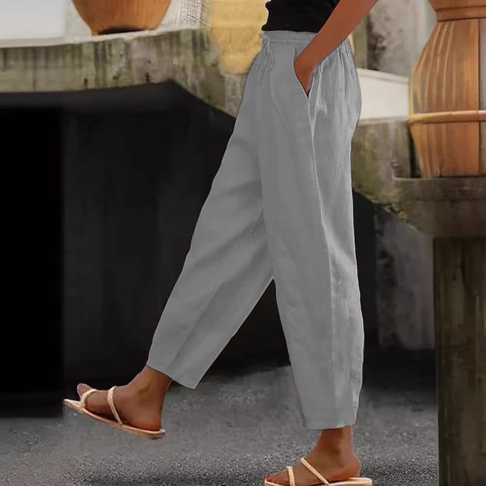 Damen Leinen-Mischung Cropped-Hose mit elastischem Bund, Kordelzug und Seitentaschen Nord Taschen