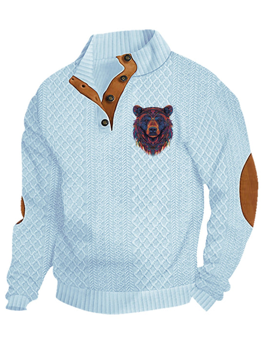 Herren nan Heritage-Strukturpullover mit Stehkragen Lederimitat-Besatz Ellenbogen-Patches und Halbknopfleiste