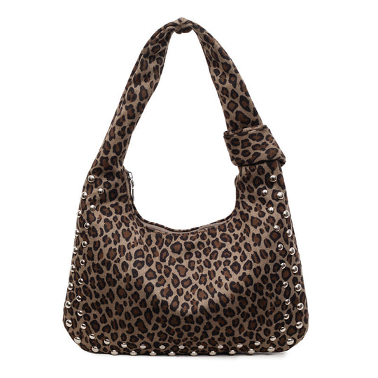 Damen Hobo-Tasche mit modischem Leopardenmuster und dekorativen Nieten Nord Taschen