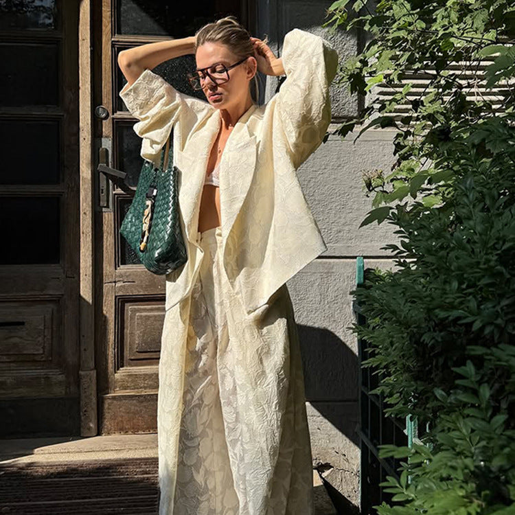 Damen Zweiteiliges Jacquard-Hosen-Set mit Oversize-Boxy-Blazer und hochgeschnittener Palazzo-Hose Nord Taschen