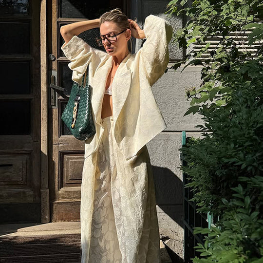 Damen Zweiteiliges Jacquard-Hosen-Set mit Oversize-Boxy-Blazer und hochgeschnittener Palazzo-Hose Nord Taschen