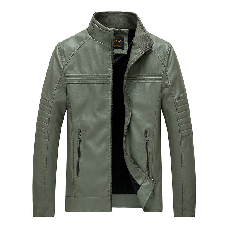 Herren Slim-Fit Kunstleder-Motojacke mit Stehkragen und gesteppter Ärmelpasse Nord Taschen