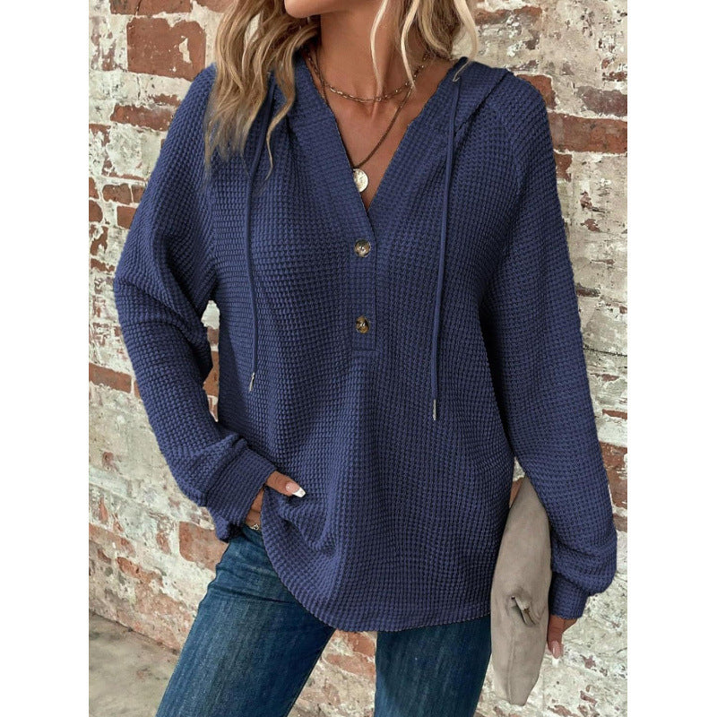 Damen Waffelstrick-Hoodie mit Henley-Knopfleiste und Oversize-Schnitt Nord Taschen