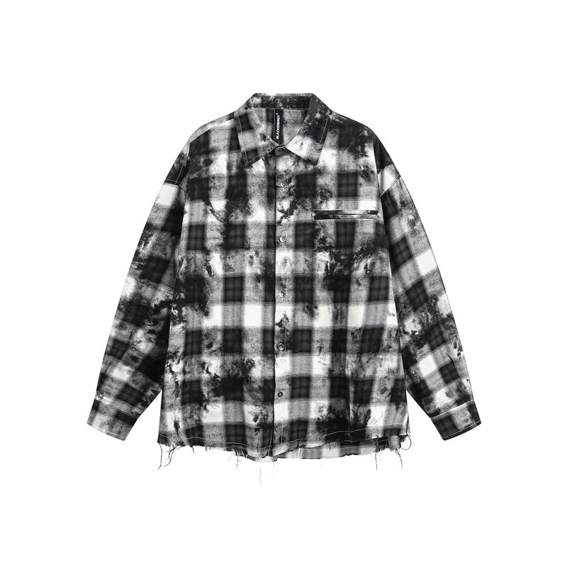 Herren Oversize-Karo-Hemdjacke mit ausgefranstem Saum und Brust-Reißverschlusstasche Nord Taschen