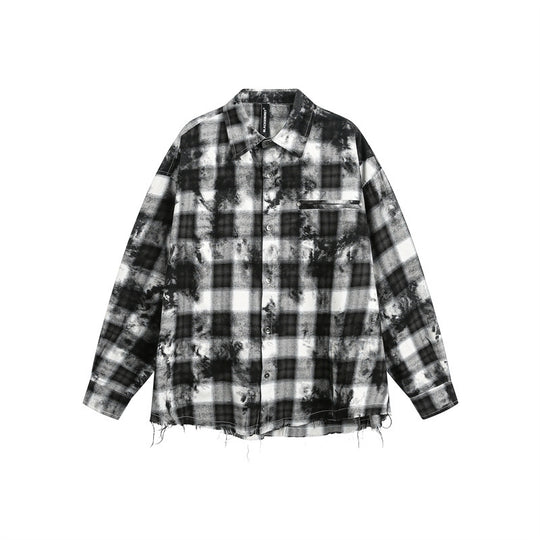 Herren Oversize-Karo-Hemdjacke mit ausgefranstem Saum und Brust-Reißverschlusstasche Nord Taschen