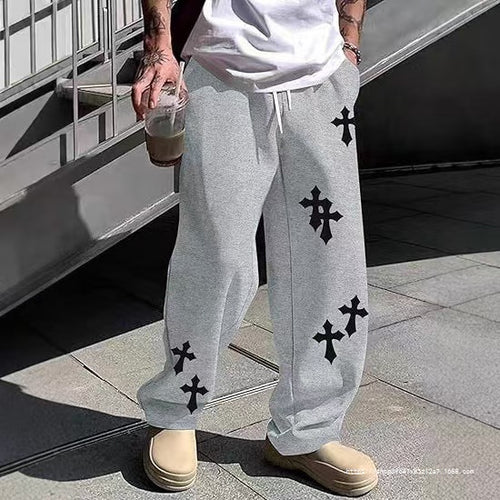 Herren Weite Sweatpants mit Gothic-Kreuz-Print, Tunnelzug & Tiefer Schritt Nord Taschen