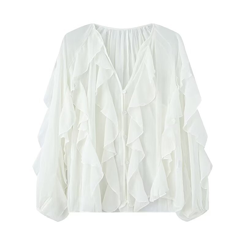 Damen Volant-Chiffonbluse mit Knopfleiste, gerafftem Ausschnitt und Ballonärmeln Nord Taschen