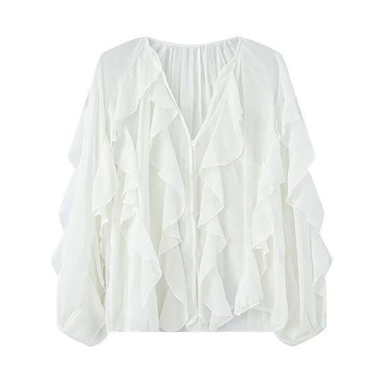 Damen Volant-Chiffonbluse mit Knopfleiste, gerafftem Ausschnitt und Ballonärmeln Nord Taschen