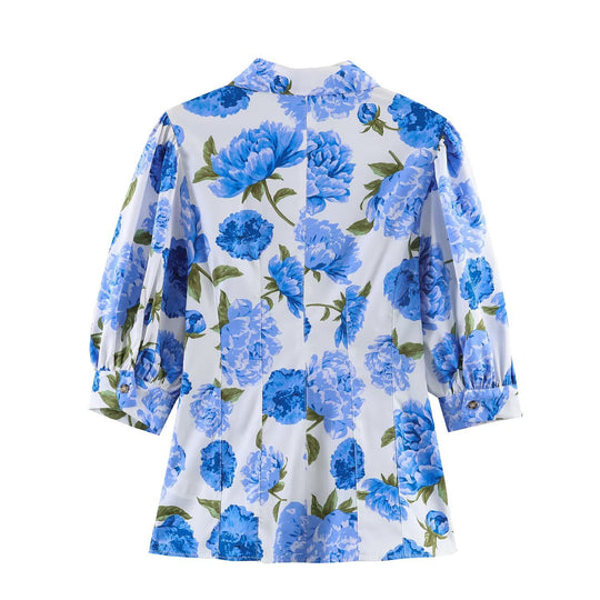 Damen Hemdbluse im A-Linien‑Schnitt mit floraler Allover‑Print, taillierten Teilungsnähten und Puffärmeln Nord Taschen