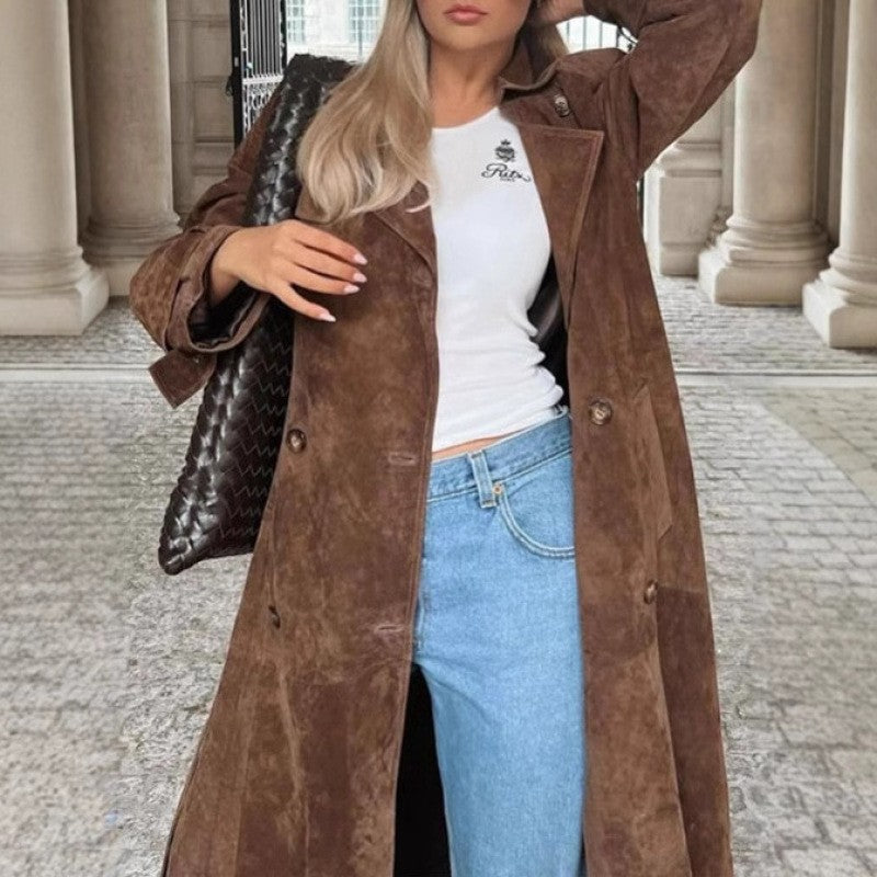 Damen langer Wildleder-Trenchcoat mit Taillengürtel Nord Taschen