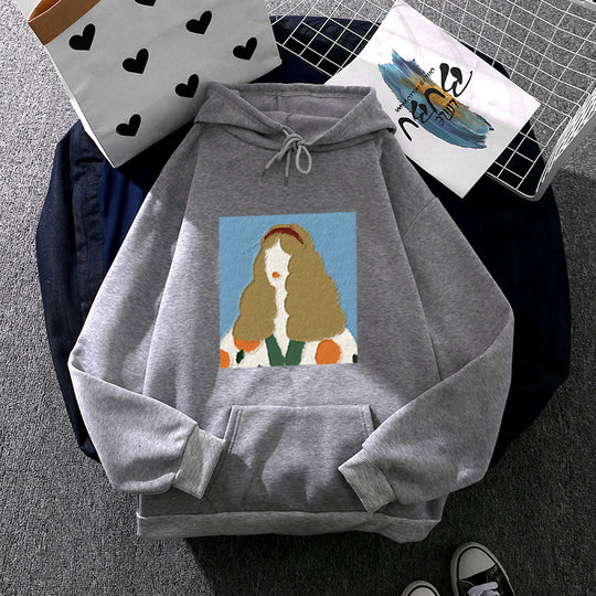 Damen nan Kapuzenpullover mit kunstvoller Chenille-Stickerei im Portraitstil und Kängurutasche Nord Taschen