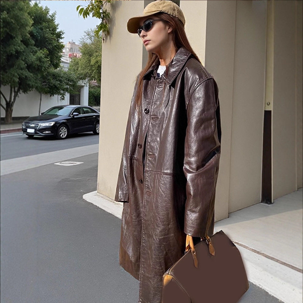 Damen langer Lederimitatmantel mit doppelreihiger Knopfleiste und Oversize-Schnitt Nord Taschen