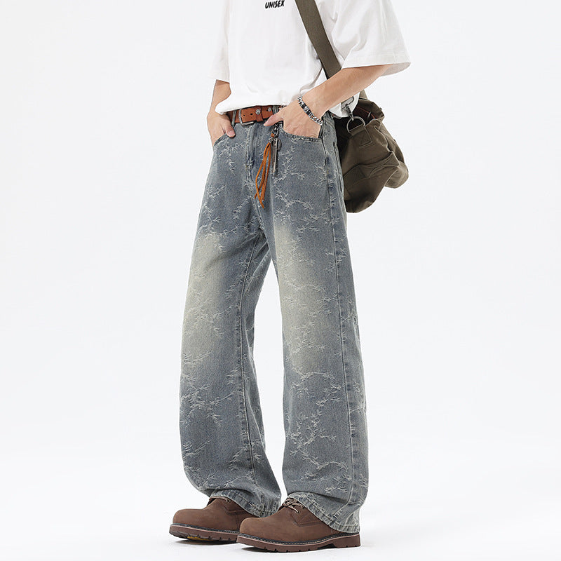 Herren Weit geschnittene Vintage-Denim-Hose im Baggy‑Look mit Marmorwaschung und tiefem Schritt Nord Taschen