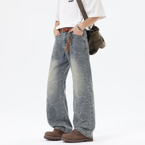 Herren Weit geschnittene Vintage-Denim-Hose im Baggy‑Look mit Marmorwaschung und tiefem Schritt Nord Taschen