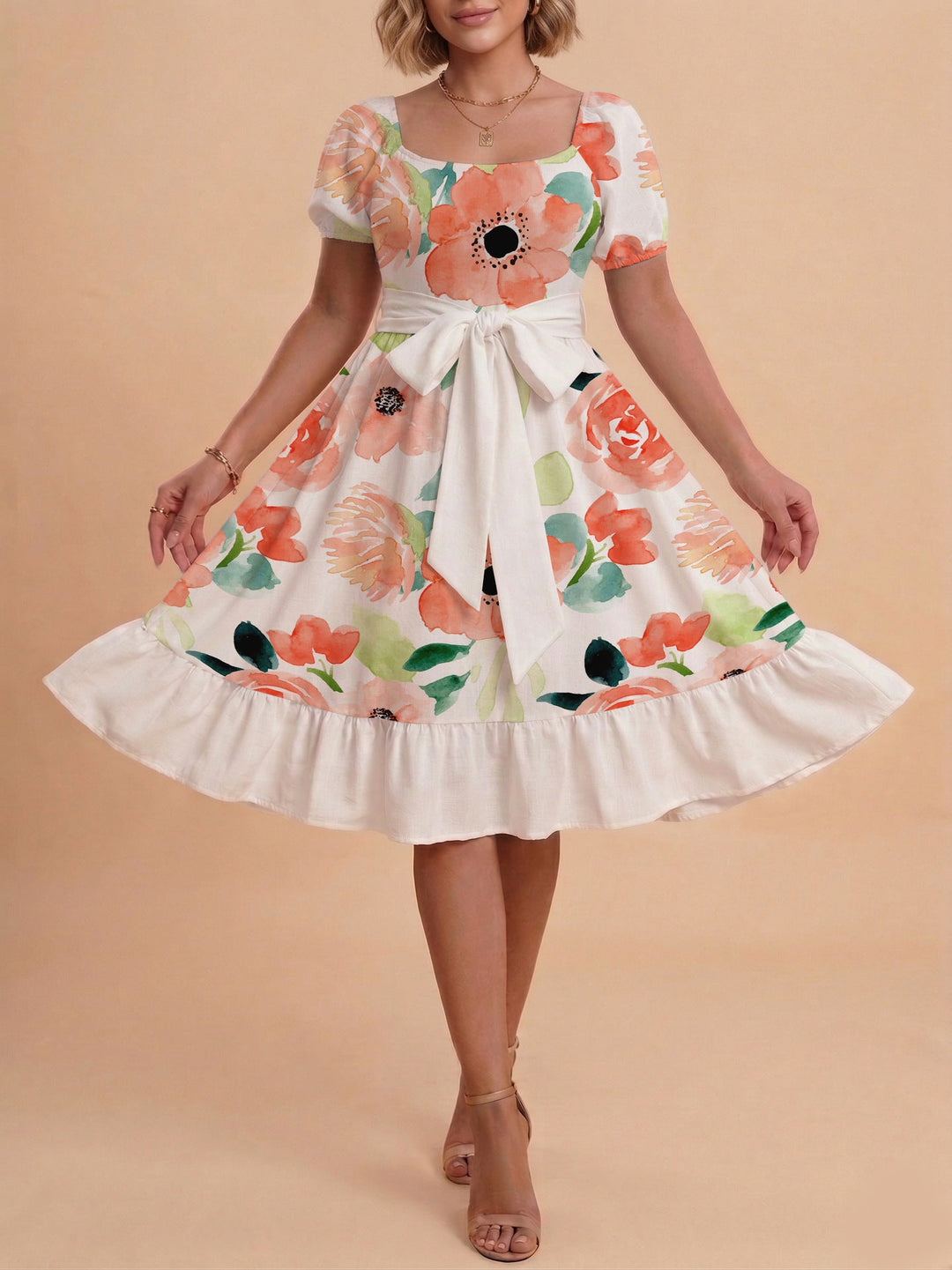 Damen Sommerliches Blumenkleid mit taillierbarem Gürtel und voluminösen Ärmeln