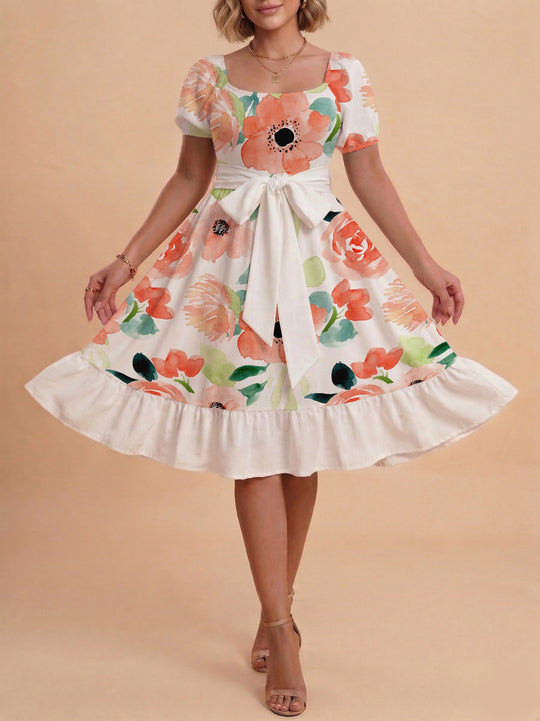 Damen Sommerliches Blumenkleid mit taillierbarem Gürtel und voluminösen Ärmeln