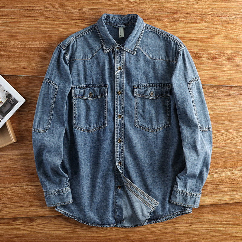 Herren Relaxed Denim‑Hemdjacke mit aufgesetzten Pattentaschen, verstärkten Ellenbogen und sichtbarer Knopfleiste Nord Taschen