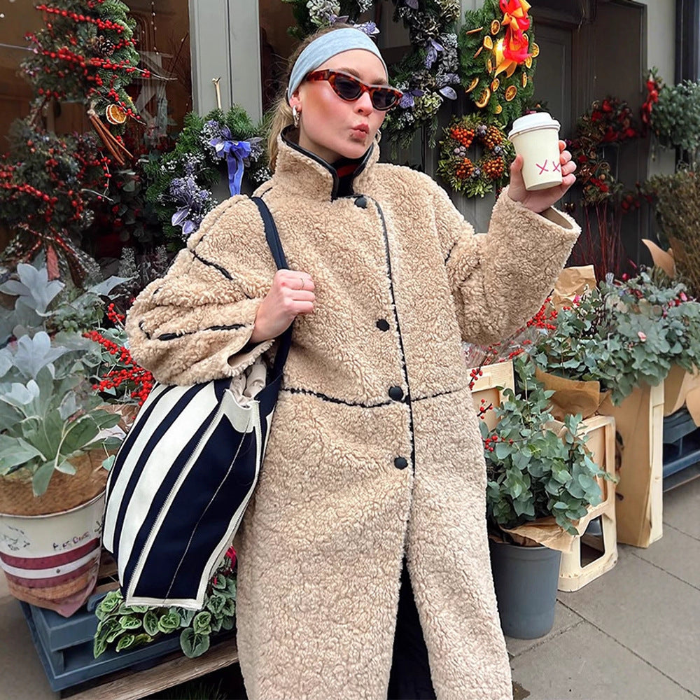 Damen Langer Teddy‑Mantel mit Kontrastnähten, Stehkragen und Knopfleiste Nord Taschen