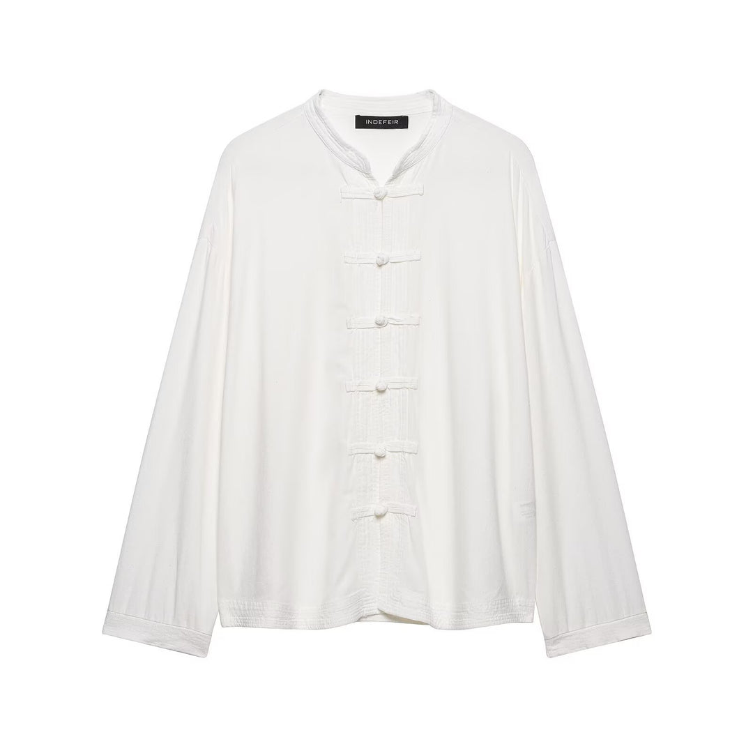 Damen Oversize Tunika‑Bluse im asiatisch inspirierten Stil mit Stehkragen und Zierknotenverschlüssen Nord Taschen