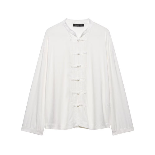 Damen Oversize Tunika‑Bluse im asiatisch inspirierten Stil mit Stehkragen und Zierknotenverschlüssen Nord Taschen