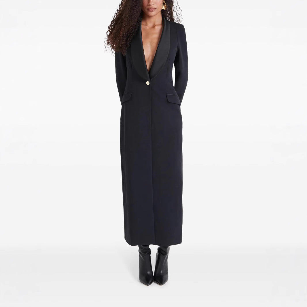 Damen Maxikleid im Smoking‑Blazer‑Stil mit Schalkragen und Ein‑Knopf‑Verschluss Nord Taschen