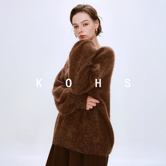 Damen Oversize Mohair-Optik Pullover mit Rundhalsausschnitt Nord Taschen