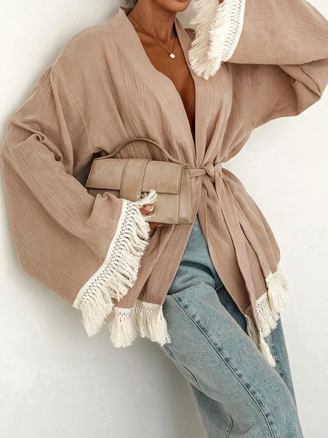 Damen Fransen-Kimono-Jacke aus Leinenoptik mit Taillengürtel Nord Taschen