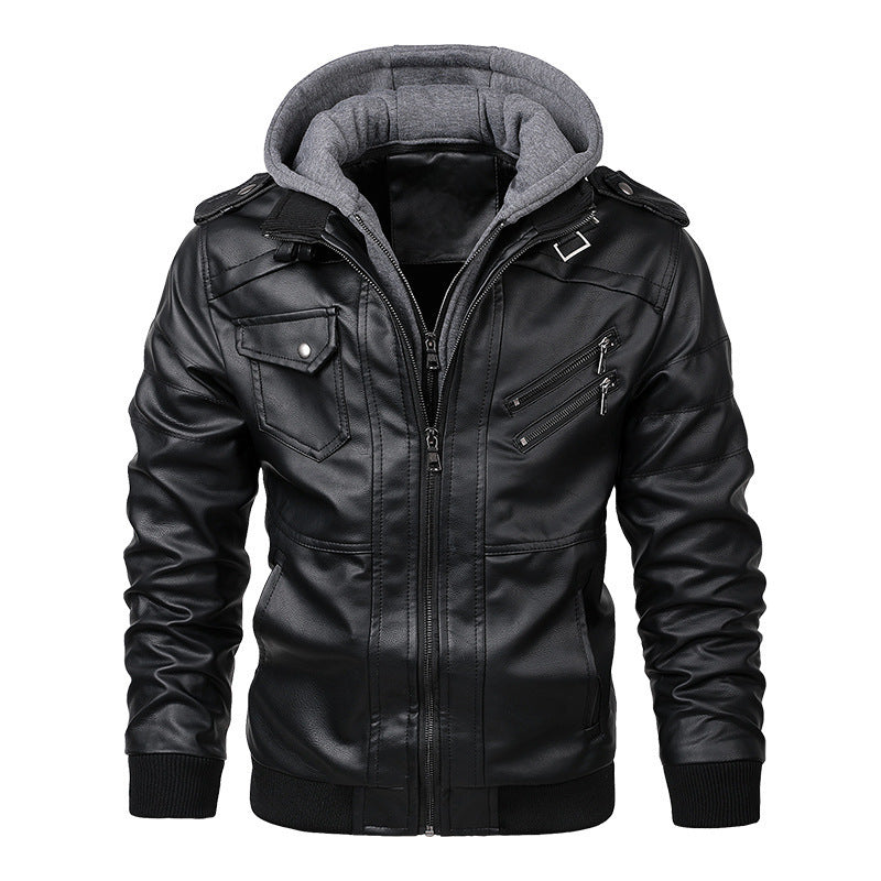 Herren  Kunstleder-Bikerjacke mit abnehmbarer Kapuze, Stehkragen, Schulterpatten und mehrfachen Reißverschlusstaschen Nord Taschen
