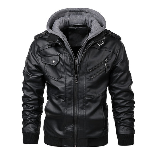 Herren  Kunstleder-Bikerjacke mit abnehmbarer Kapuze, Stehkragen, Schulterpatten und mehrfachen Reißverschlusstaschen Nord Taschen