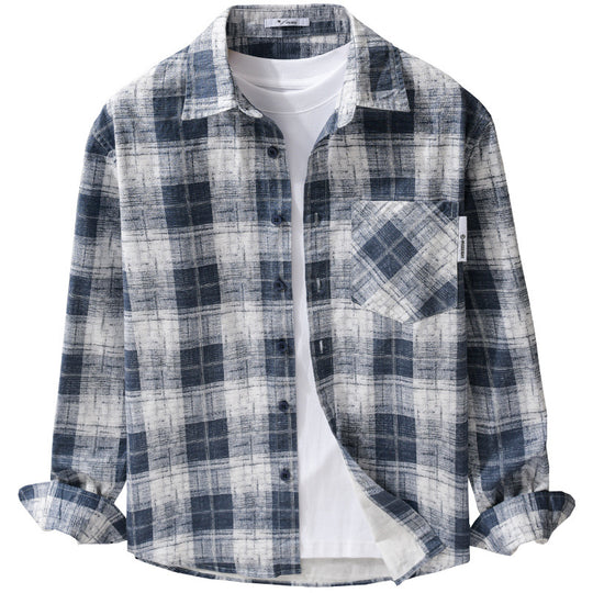 Herren Leichtes kariertes Layering-Overshirt aus Baumwoll‑Leinenmix mit diagonalem Brustpatch Nord Taschen