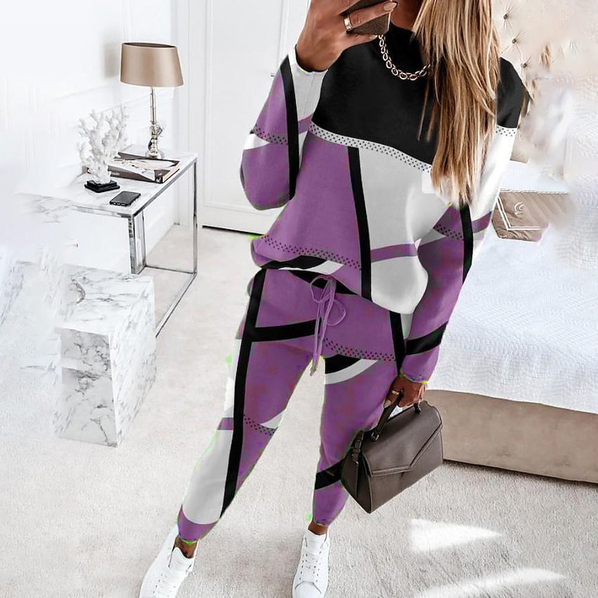 Damen Gemustertes Lounge-Set aus Feinstrick mit Kordelzug, Raglanärmeln und tapered Hose Nord Taschen