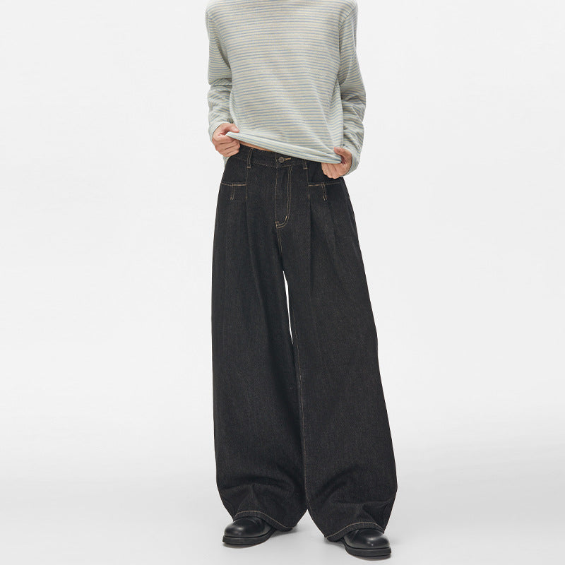 Damen High‑Waist Plissée-Denim-Palazzohose mit ultrabreitem Bein und verlängertem Saum Nord Taschen