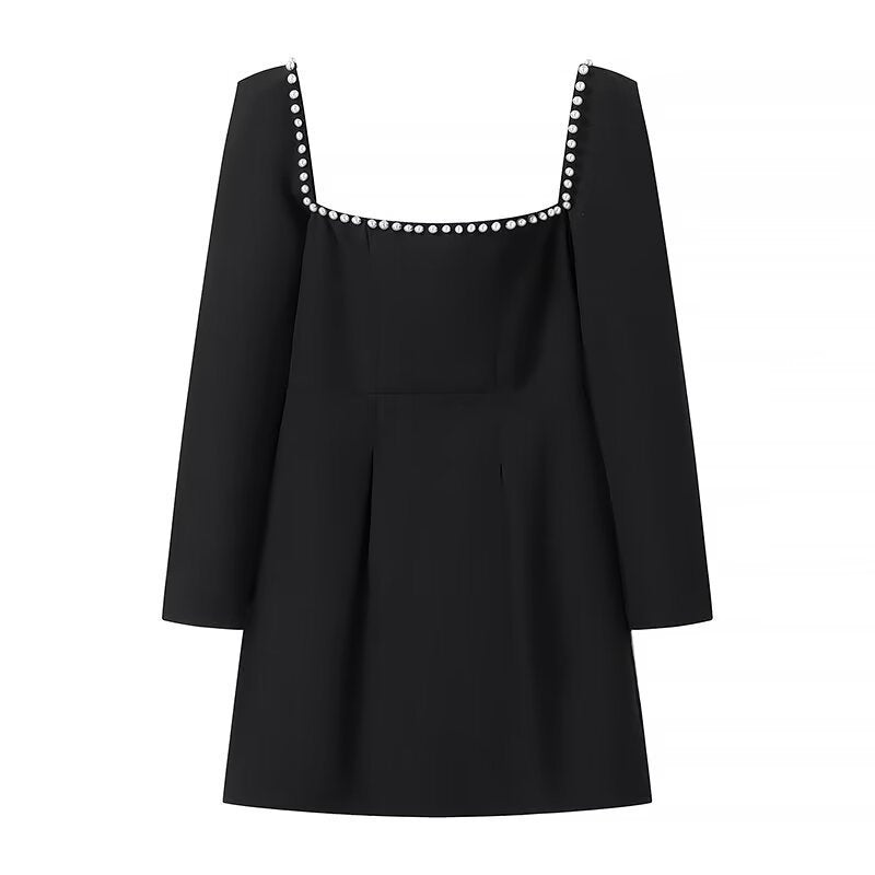 Damen Figurbetontes A‑Linien‑Minikleid mit quadratischem Ausschnitt, langen Ärmeln und Perlenbesatz Nord Taschen