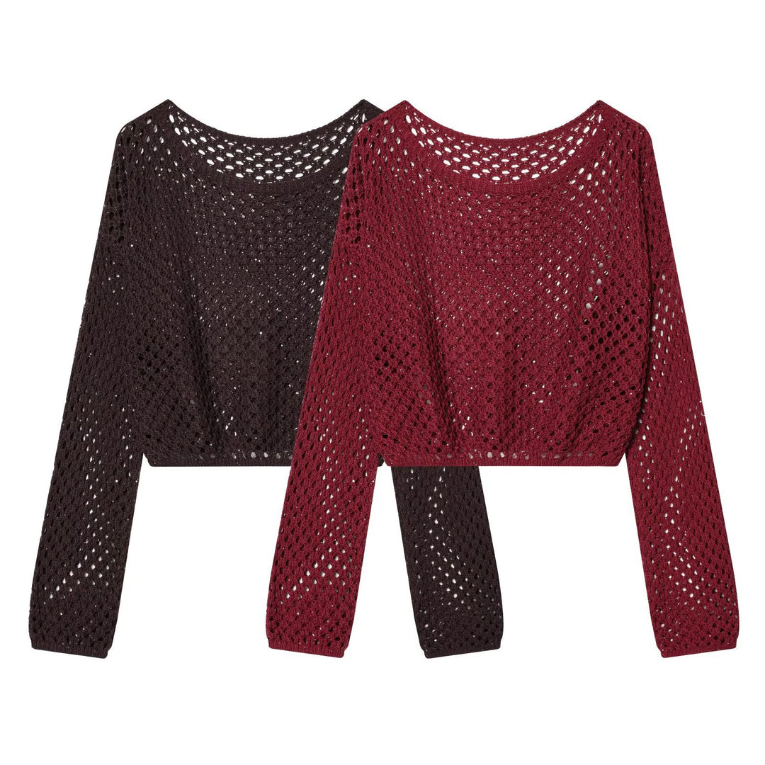 Damen Kurzgeschnittener Häkelpullover mit Lochmuster und weitem Ausschnitt Nord Taschen