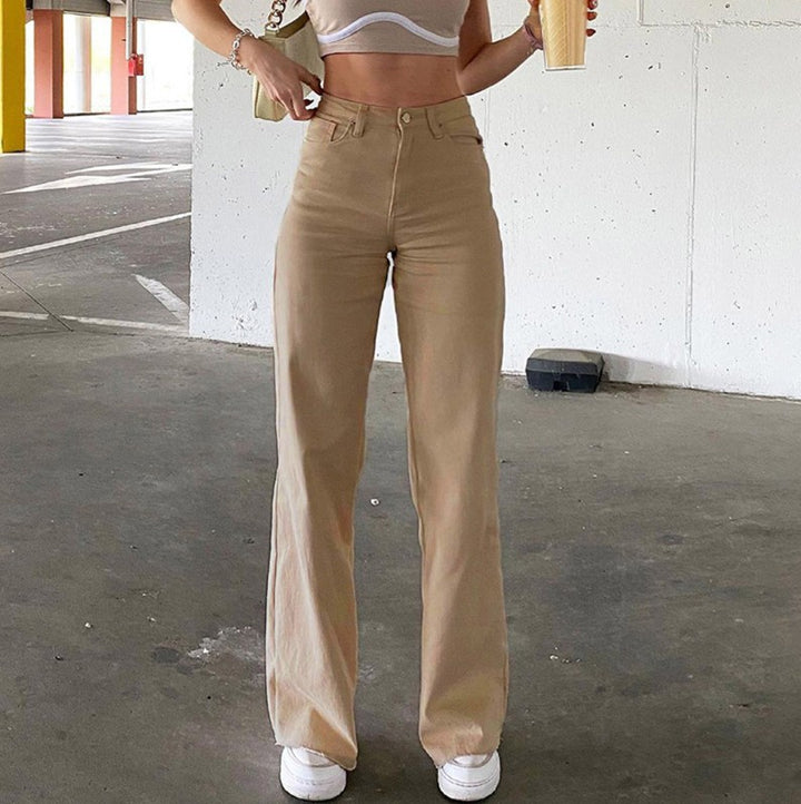 Damen hochgeschnittene Weitbein-Hose aus Baumwollmix mit verlängertem Bein und Fünf-Taschen-Design Nord Taschen
