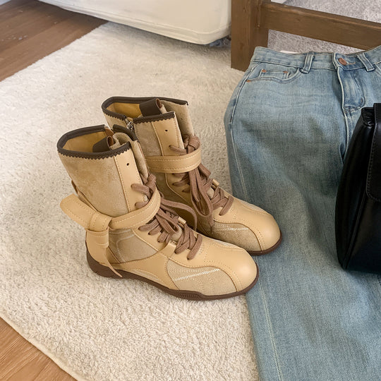 Damen Knöchelhohe Schnür‑Bikerstiefelette aus Glatt‑ und Veloursleder mit dekorativem Ziergurt Nord Taschen