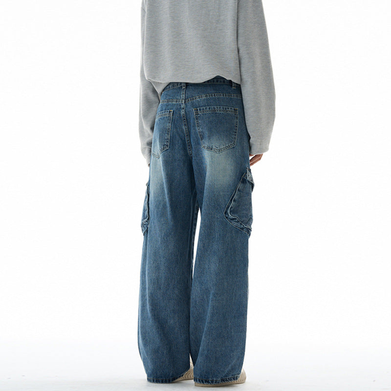 Damen Hochtaillierte Utility-Denim-Palazzohose mit Kniepaneelen und großen Klappentaschen Nord Taschen