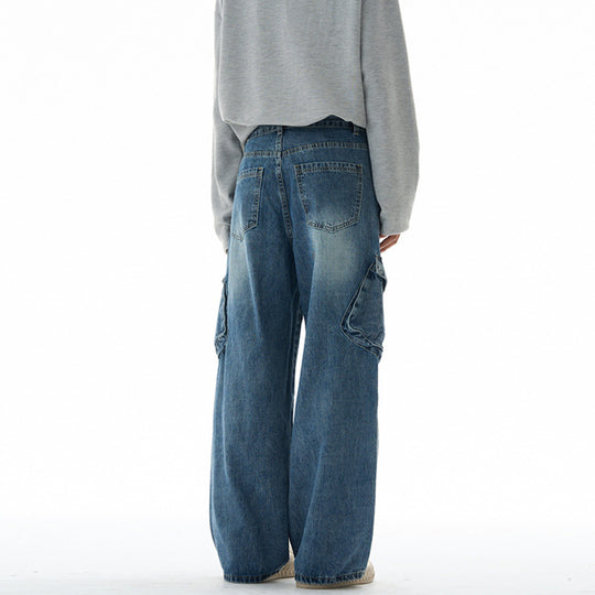 Damen Hochtaillierte Utility-Denim-Palazzohose mit Kniepaneelen und großen Klappentaschen Nord Taschen