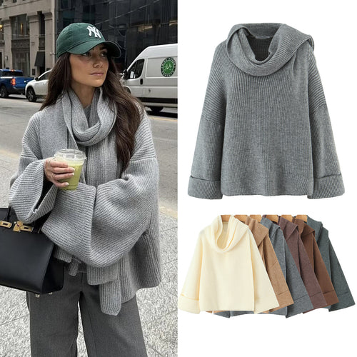 Damen Boxy-Cropped Grobstrick-Pullover mit voluminösem Schalkragen Nord Taschen