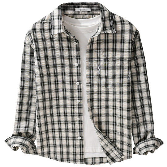 Herren Leichtes kariertes Baumwoll-Overshirt mit Soft-Crinkle‑Struktur, Brusttasche und Relaxed‑Fit Nord Taschen