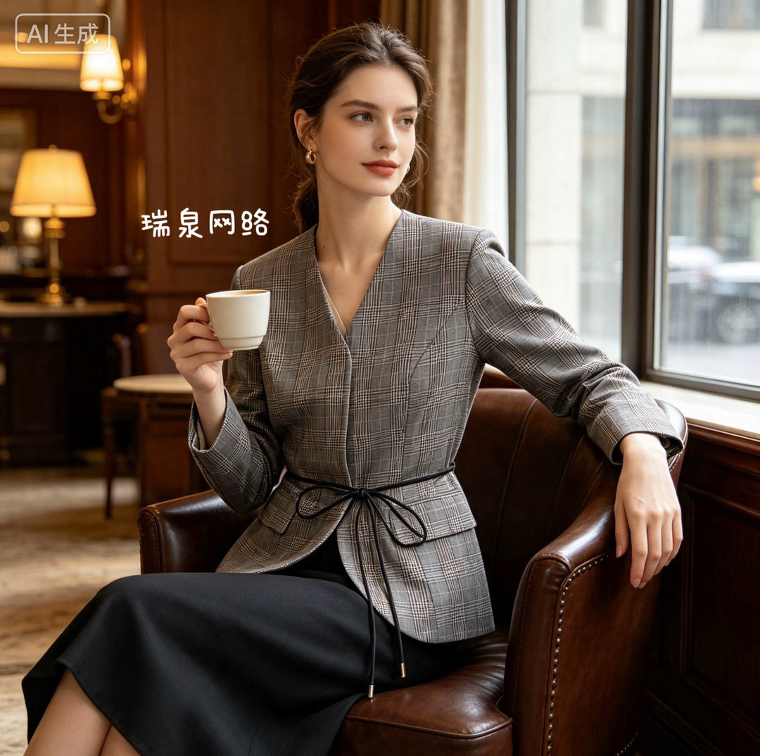 Damen Taillierter Glencheck-Blazer mit V‑Ausschnitt und Wickelgürtel Nord Taschen