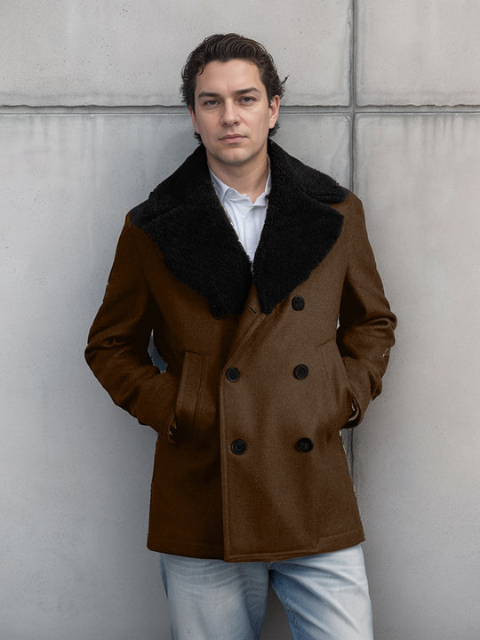 Herren Doppelreihiger Kurzmantel aus Wollmix mit großem Teddykragen Nord Taschen