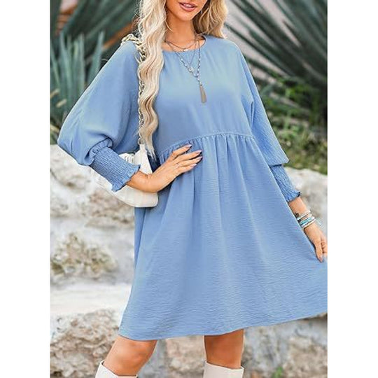 Damen Lockeres Babydoll-Kleid mit Ballonärmeln und geraffter Taille Nord Taschen