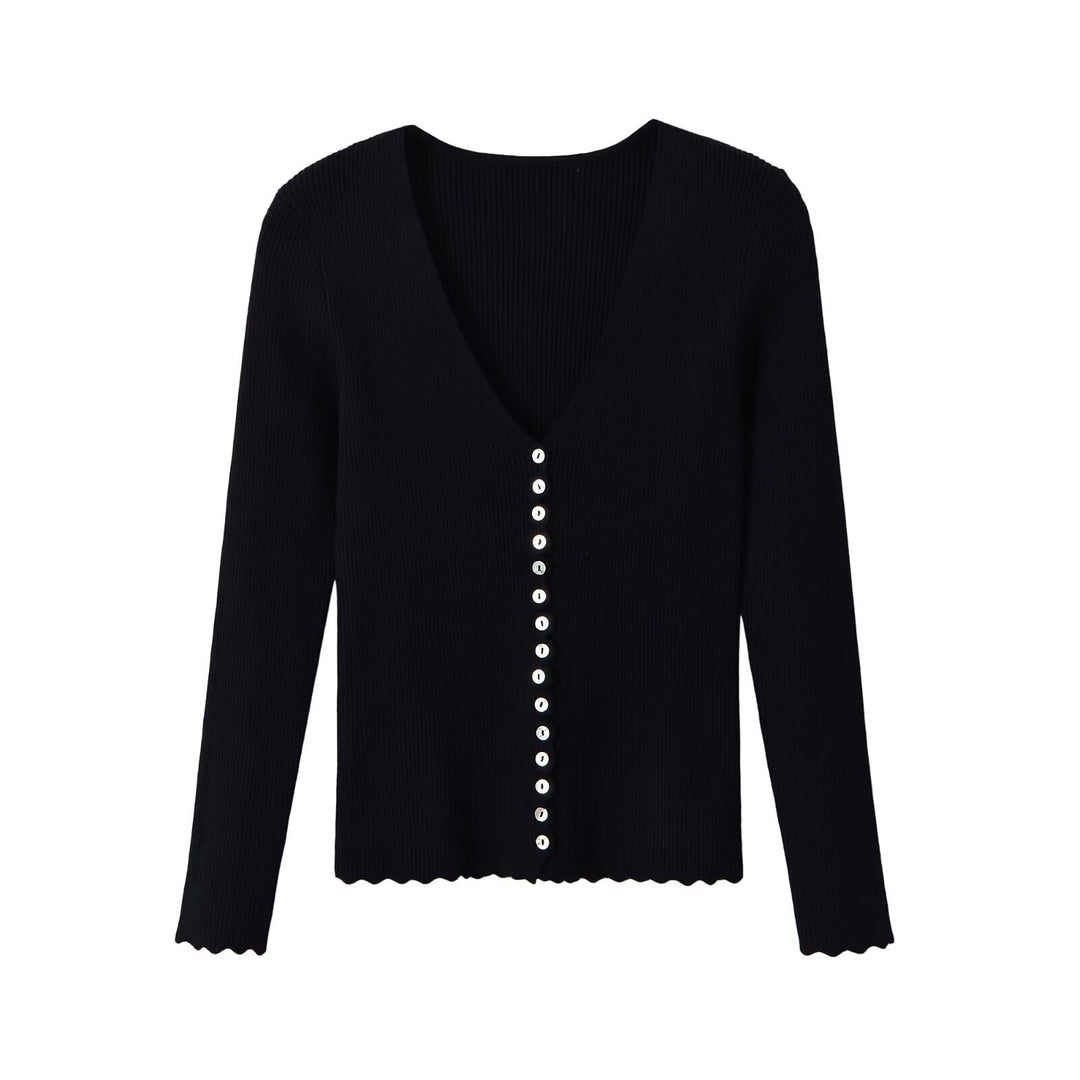 Damen Gerippter Knopfcardigan mit tiefem V-Ausschnitt und Wellensaum Nord Taschen
