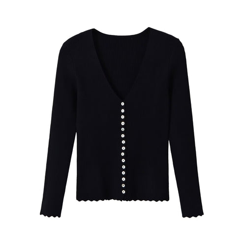 Damen Gerippter Knopfcardigan mit tiefem V-Ausschnitt und Wellensaum Nord Taschen