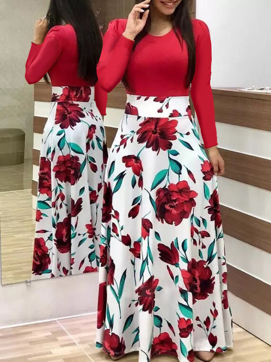 Damen Zweiteilig wirkendes Maxikleid mit figurbetontem Jersey-Oberteil und weitem Blumenrock Nord Taschen